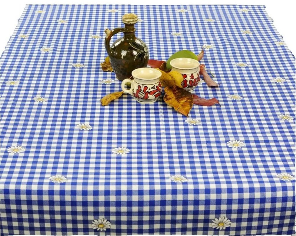Fata de masa cu carouri alb si albastre si margarete CASA GINO , bumbac 100%, 150X160, masa 6 persoane, Albastru cu margarete