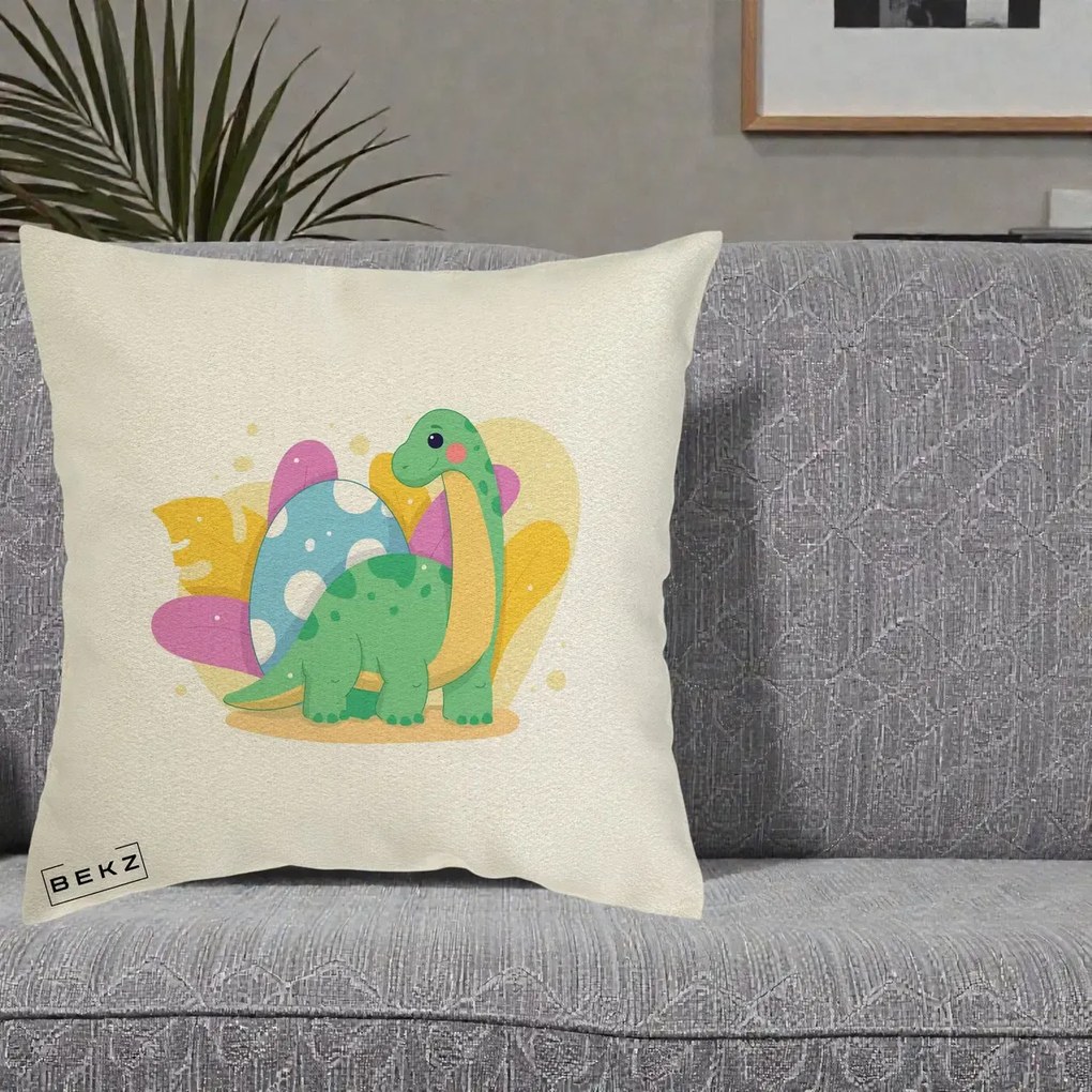 Perna Personalizata Dinozaur cu Ou Pastelat, 40x40 cm, Ecru, Husa Detasabila, Perna Inclusa, BEKZ®