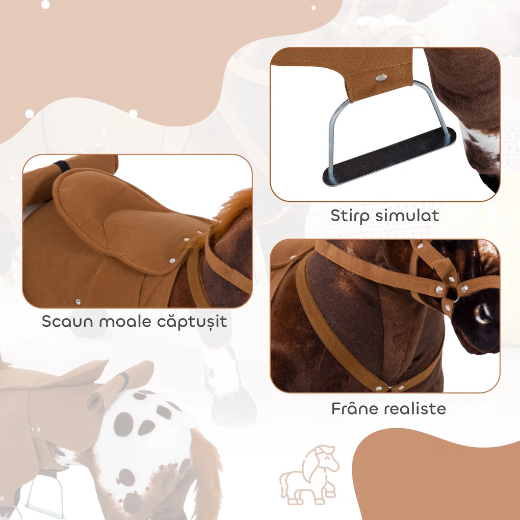 HOMCOM Cal Balansoar pentru Copii de 2+ Ani cu Sunet Realistic de Nechezat, Șa și Etriere, Jucărie din Pluș și Metal, 85x28x60 cm, Maro | Aosom Romania