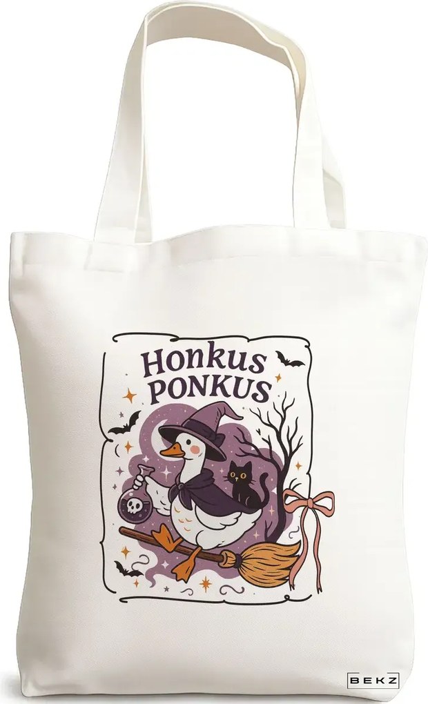 Sacosa de Panza pentru Cumparaturi, Geanta Tote, model Silly Goose 3, 38 x 34.5 cm, Alba, BEKZ®