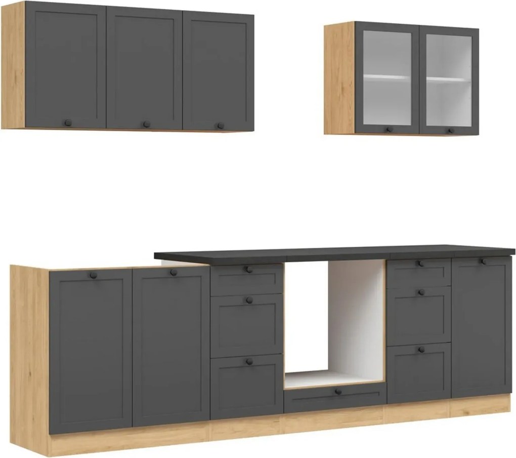 Set bucatarie JUNONA LINE, gri grafit/stejar, PAL, 260 cm, cu blat neg