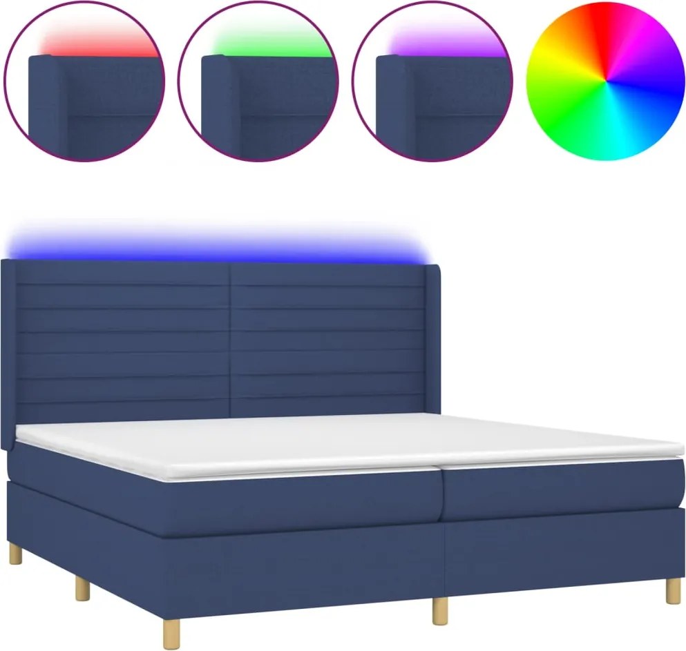 vidaXL Pat cu arcuri, saltea și LED, albastru, 200x200 cm, textil