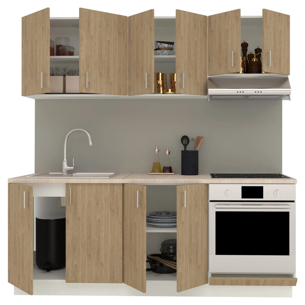 Set Bucatarie Karo V10, Lemn Natural/Alb, Blat Thermo 28 mm, L 200 cm