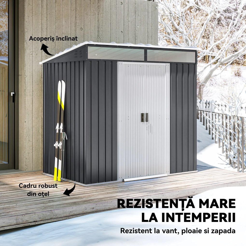 Outsunny Magazie 6,5 x 4 FT din metal galvanizat cu fundatie pentru gradina, Depozit cu incuietoare pentru unelte, Gri