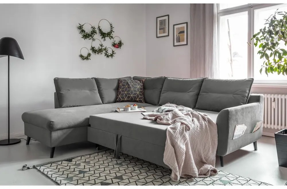 Colțar extensibil din catifea cu șezlong pe partea stângă Miuform Stylish Stan L, gri deschis