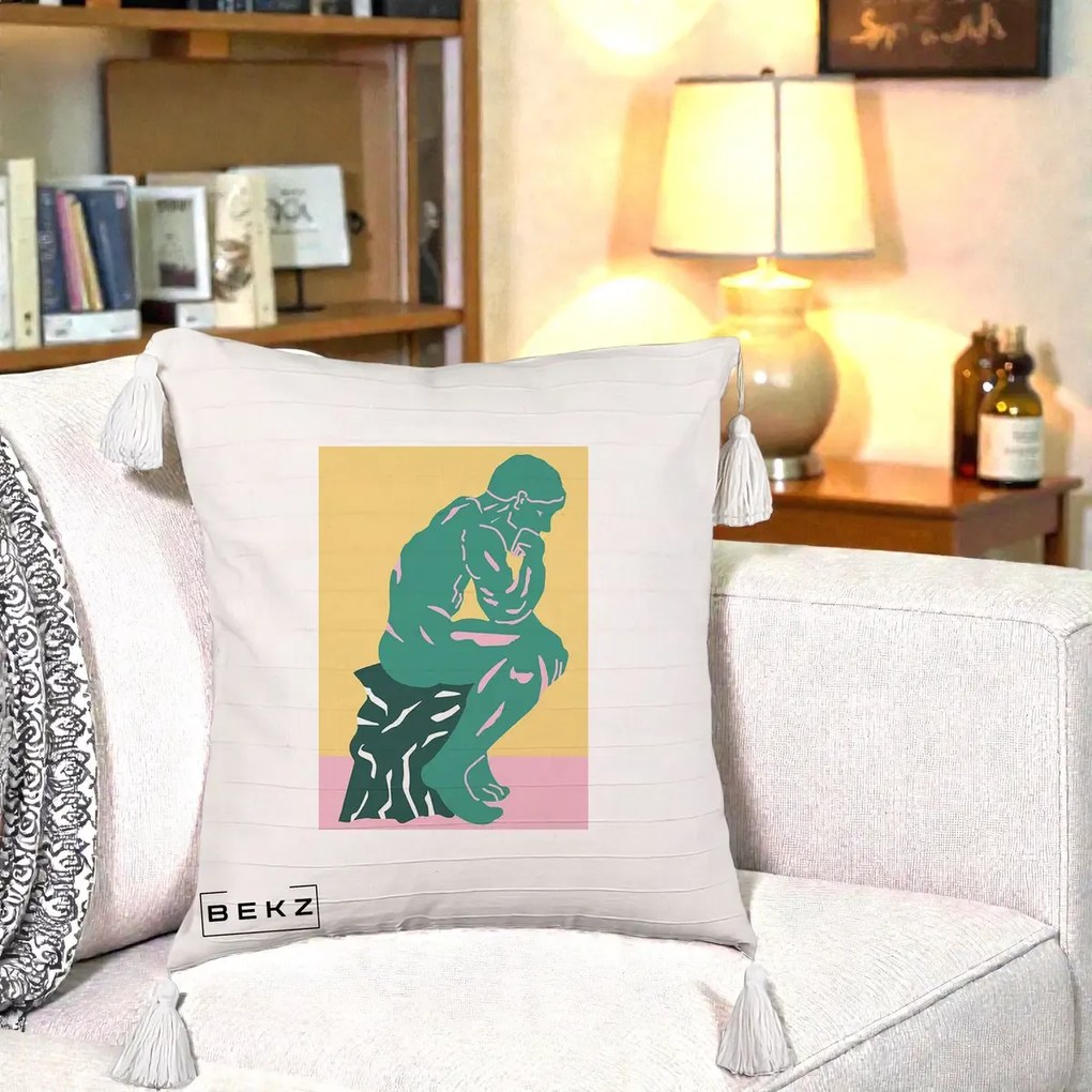 Perna Decorativa Ganditorul Sculptura Pop Art, 40x40 cm, Bej cu Franjuri, Husa Detasabila, Perna Inclusa, BEKZ®