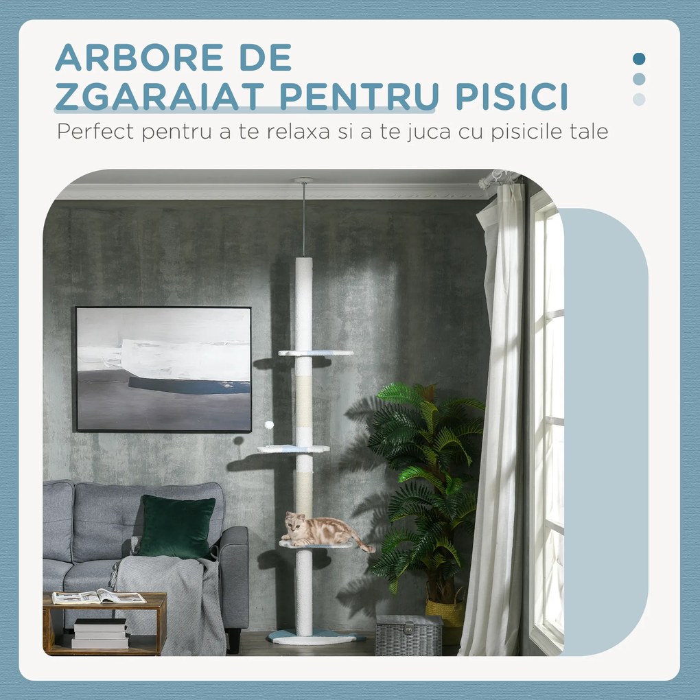 PawHut Arbore de Zgâriat pentru Pisici, 55x38x225-255 cm, Alb | Aosom Romania