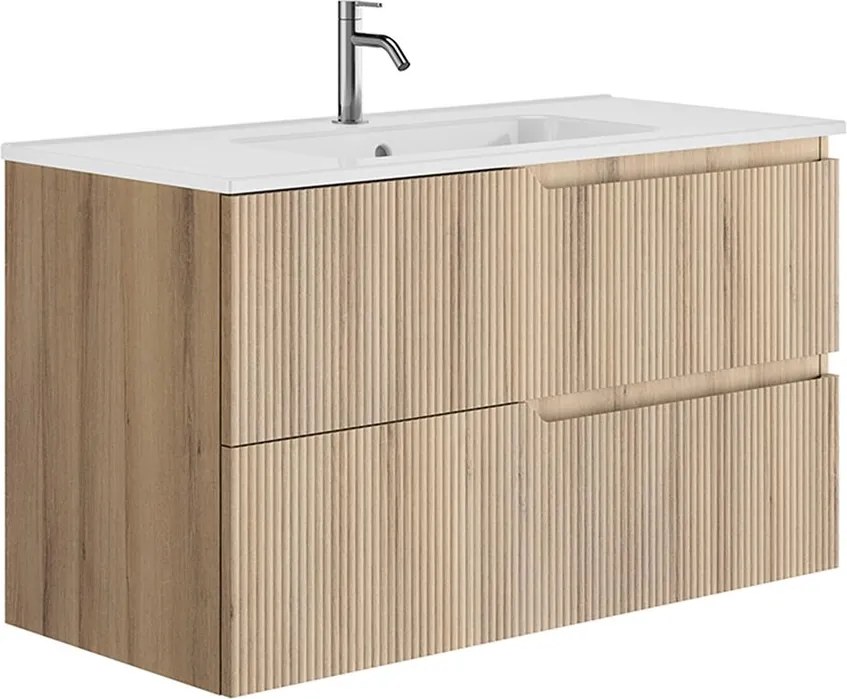 Set dulap baza suspendat Gala Canaletto 2 sertare 100 cm finisaj lemn bej si lavoar Luc alb