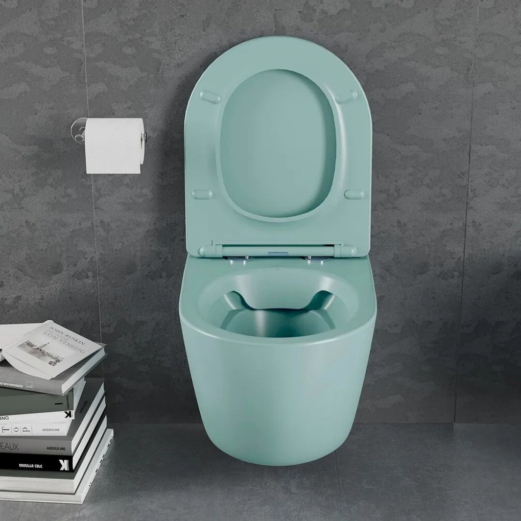 Set vas wc suspendat, verde turcoaz, mat, rimles , capac softclose, Rotund, Foglia Oslo Turcoaz