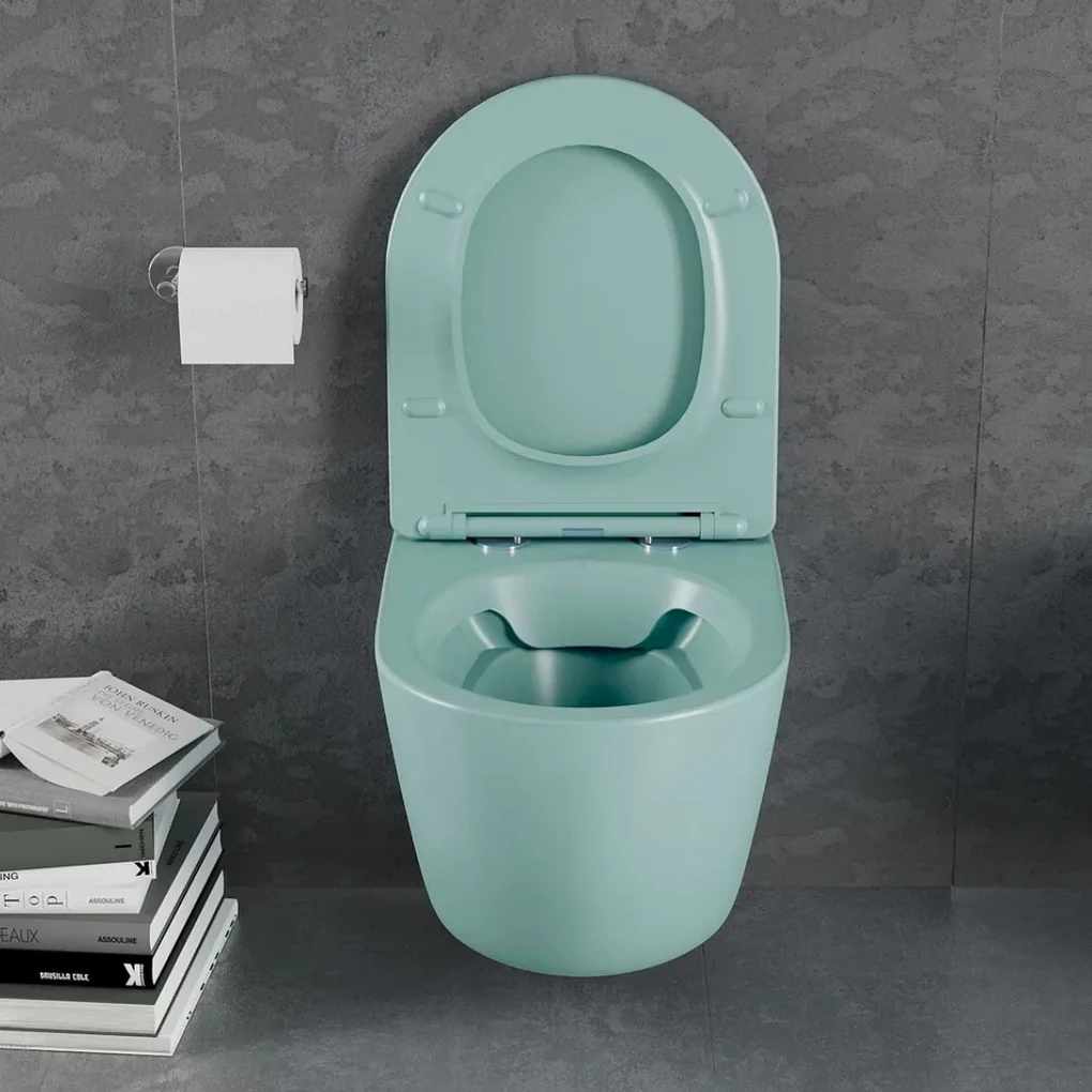 Set vas wc suspendat, verde turcoaz, mat, rimles , capac softclose, Rotund, Foglia Oslo Turcoaz