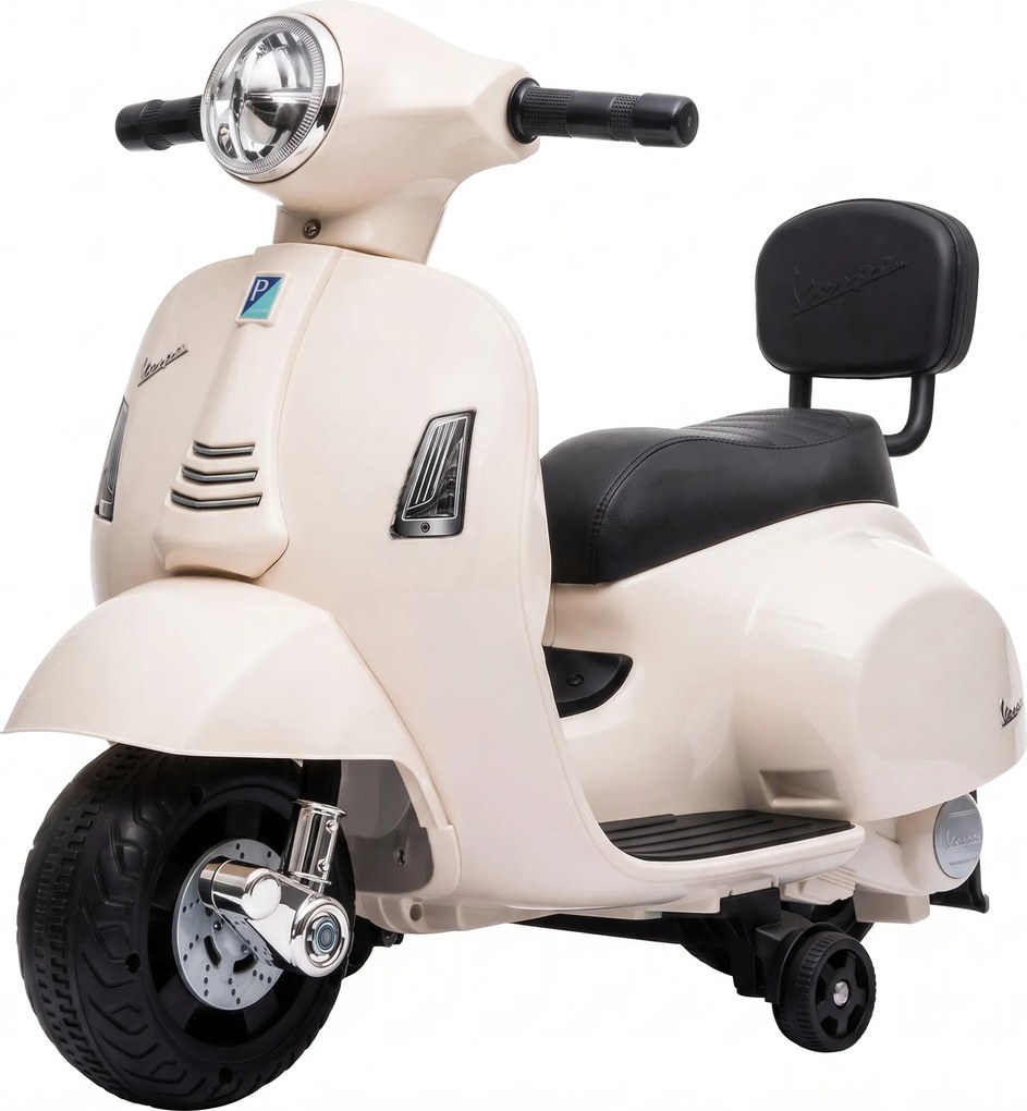 AIYAPLAY Motocicletă electrică pentru copii 1.5-3 ani mini Vespa GTS 7.2V, cu baterie litiu, spătar, roți ajutătoare, far, claxon, 2.5km/h, max. 25 Kg, alb crem | Aosom Romania