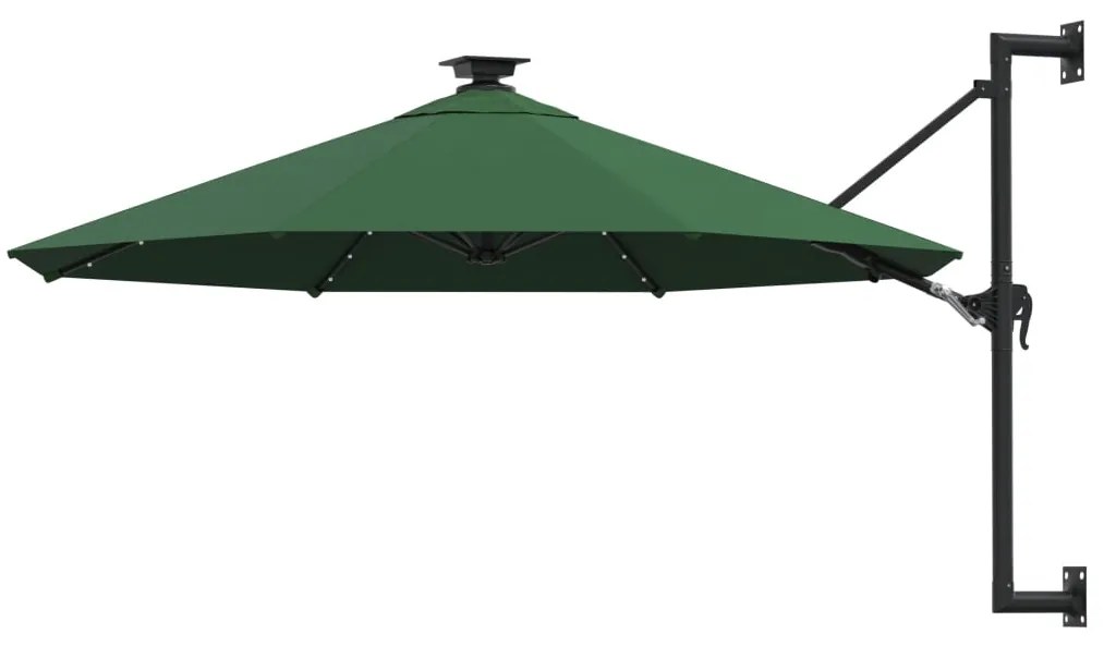vidaXL Umbrelă de soare montată pe perete cu LED-uri, verde, 300 cm
