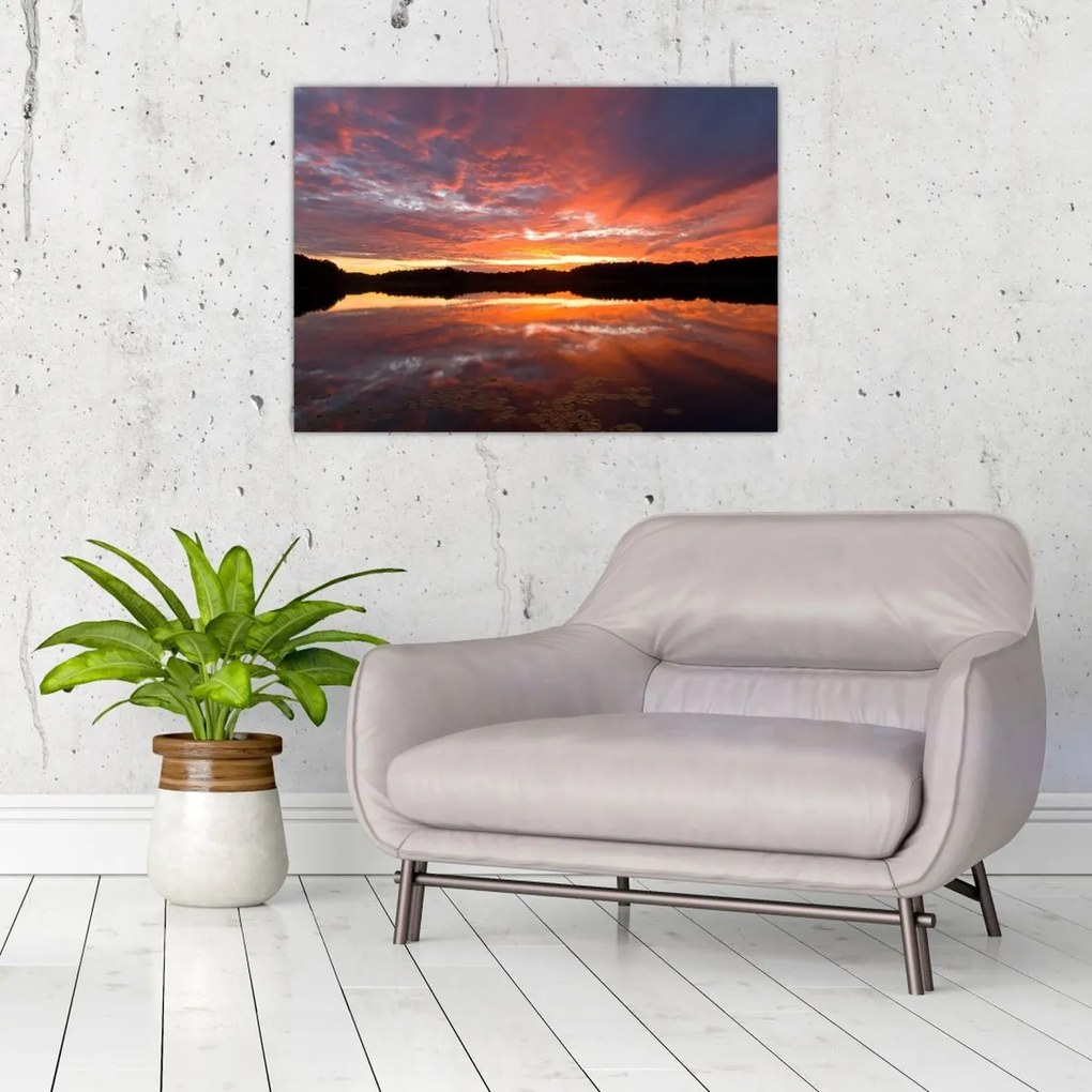 Tablou pe sticlă - Apus de soare peste lac (70x50 cm)