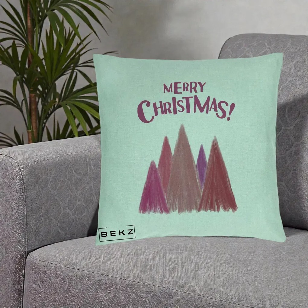 Perna Decorativa Merry Christmas Brazi Roz, 40x40 cm, Verde Menta, Husa Detasabila, Perna Inclusa, BEKZ®
