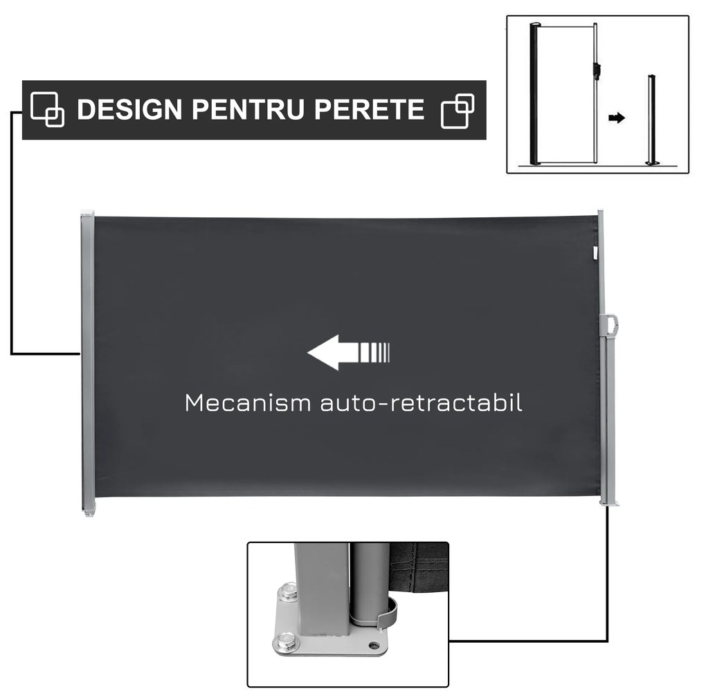 Outsunny Paravan Lateral Retractabil cu Mâner și Anti UV, 300x180 cm, Gri | Aosom Romania