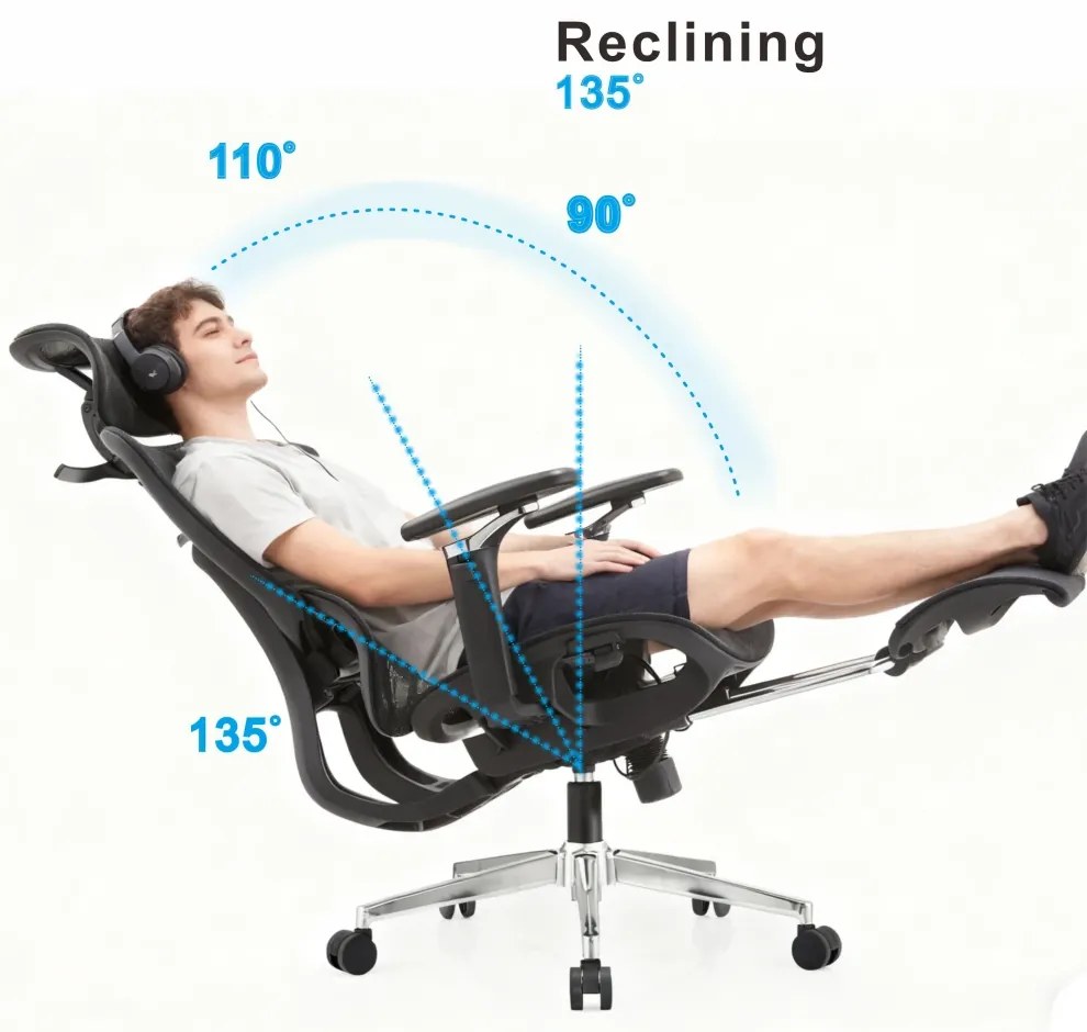 SYBERGO HUMAN PRO Scaun ergonomic, suport lombar, sezut translatie, cotiere 3D, suport picioare, Full Mesh, Negru