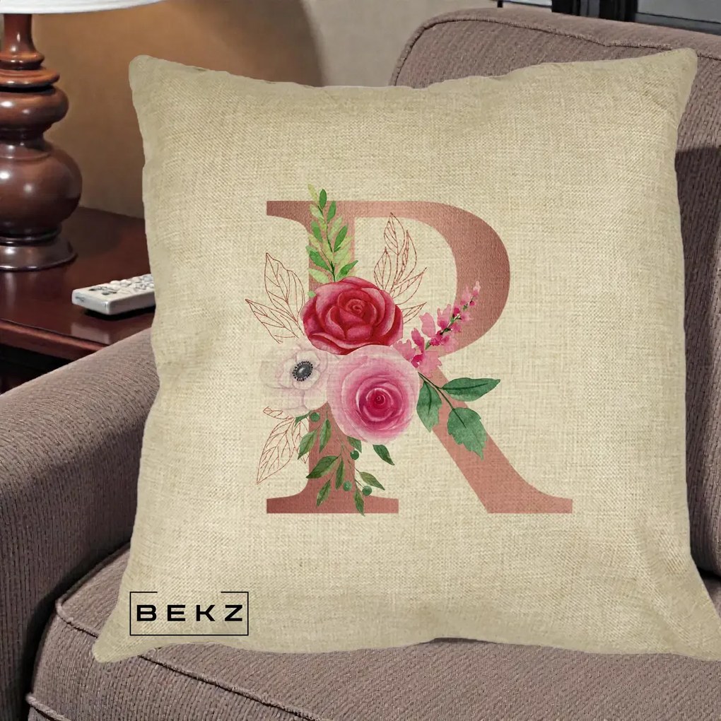 Cadou Personalizat - Perna Personalizata Monograma Rose Gold Litera R, 40x40 cm, Crem, Husa Detasabila, Perna Inclusa, BEKZ®