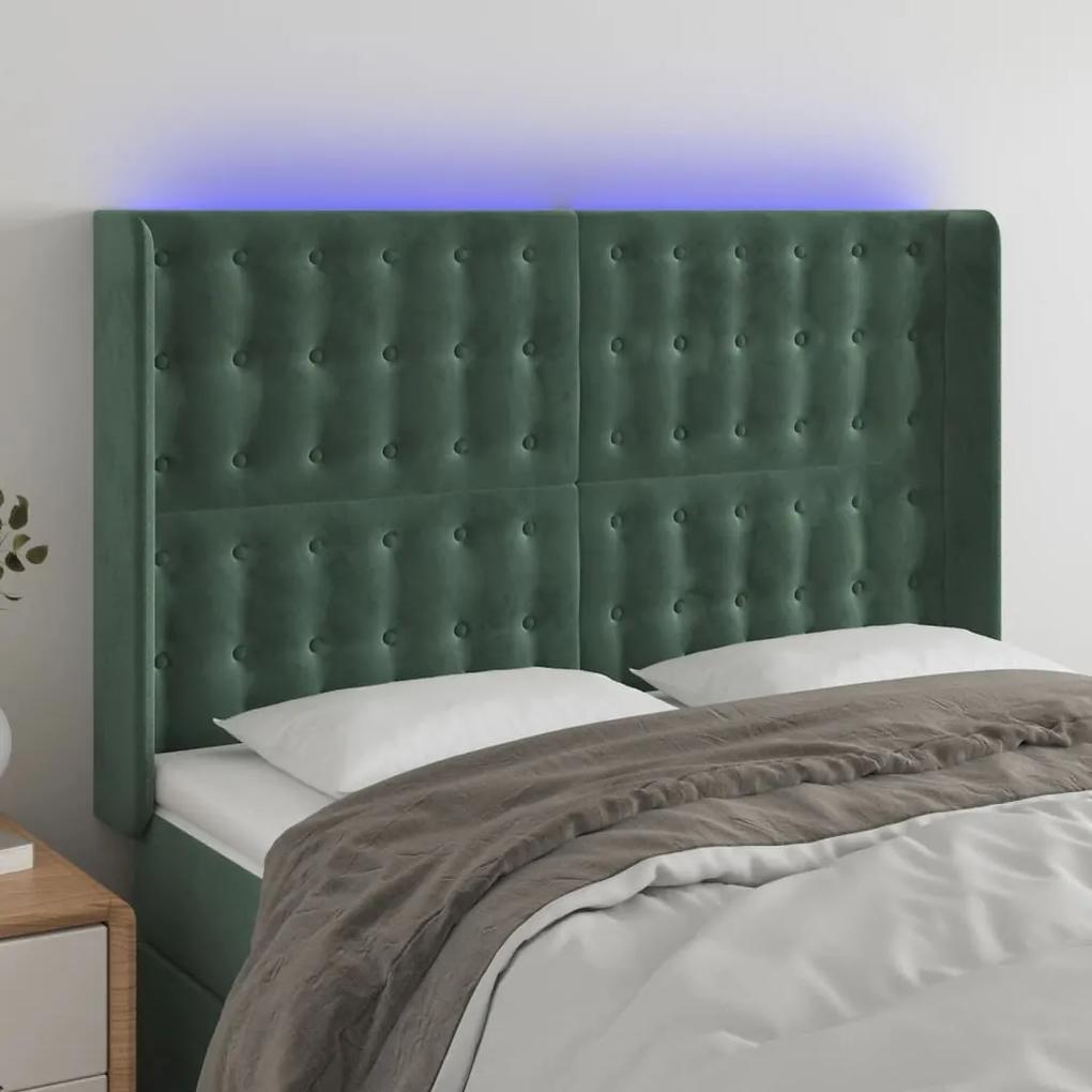 3124533 vidaXL Tăblie de pat cu LED, verde închis, 147x16x118/128 cm, catifea