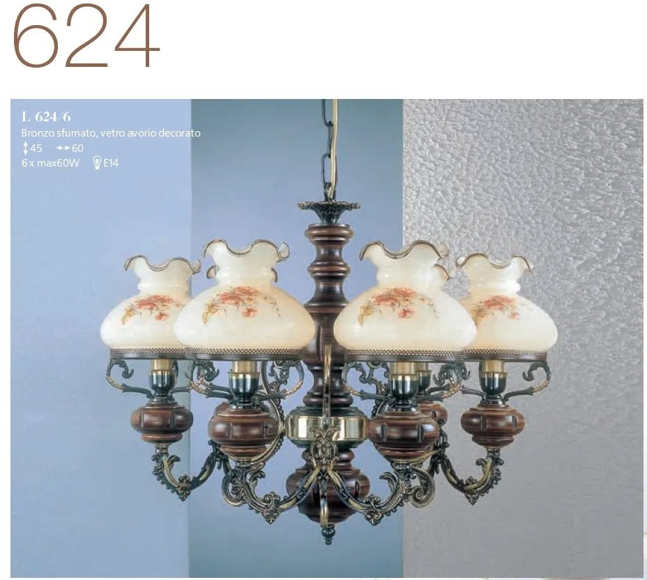 Candelabru cu 6 brate design italian din alama cu lemn 624
