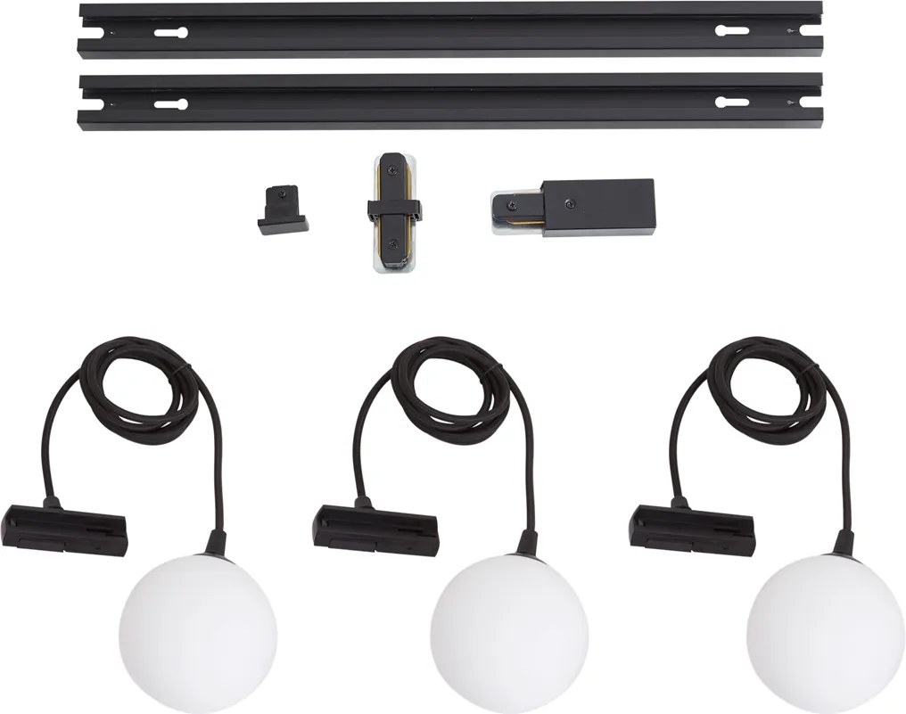 Sistem de iluminat pe șină modern negru cu 3 lumini suspendate albe monofazate - Iconic Perle