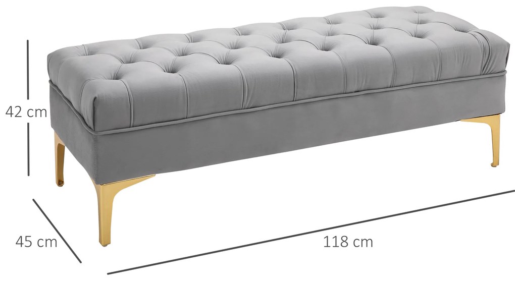 HOMCOM Banca Hol din Tesatura Catifelata, Picioruse Metalice, Banca Capitonata la capatul Patului Gri, 118x45x42cm | Aosom Romania
