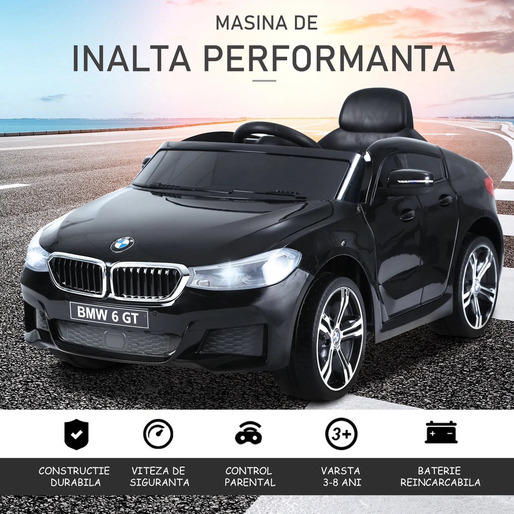 BMW Mașină Electrică 6V cu Telecomandă HOMCOM, Neagră, pentru Copii, Design Sportiv și Funcții Interactive | Aosom Romania