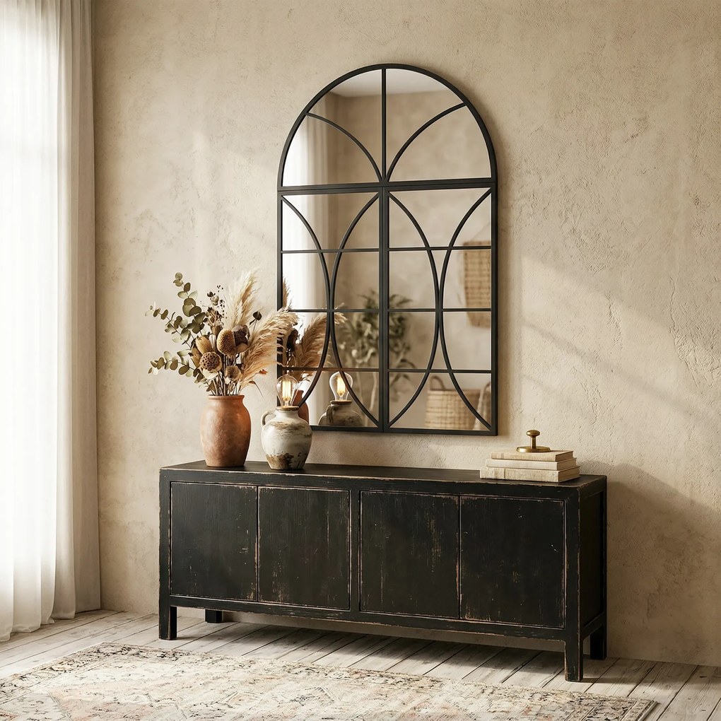 HOMCOM Oglindă de perete arcuită 80 x 120 cm, set de 3 bucăți, oglindă tip vitraliu în formă de fereastră, sticlă securizată și metal, negru | Aosom Romania