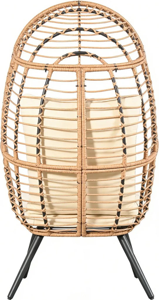 Scaun tip ou din ratan PE pentru grădină sau terasă, cu pernă groasă, material impermeabil, 74x83x146 cm, Alb/Bej