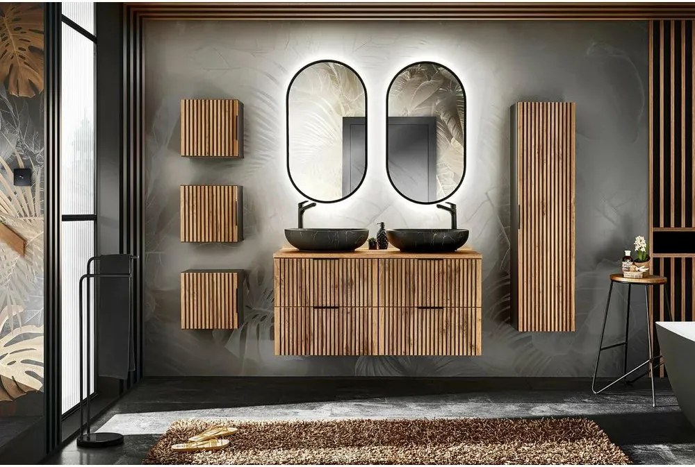 Set mobilier baie 120 cm 11 piese Comad Xilo stejar Wotan si gri piatra