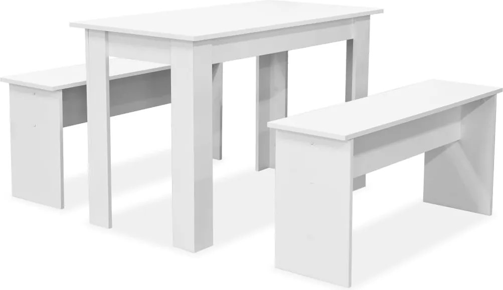 vidaXL Masă și bănci de bucătărie, 3 piese, PAL, alb
