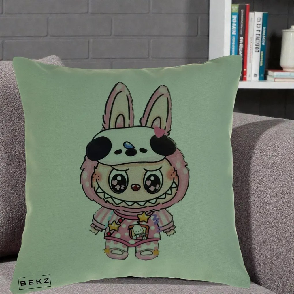 Perna Personalizata Labubu Panda-Bunny Roz, 40x40 cm, Verde, Husa Detasabila, Perna Inclusa, BEKZ®