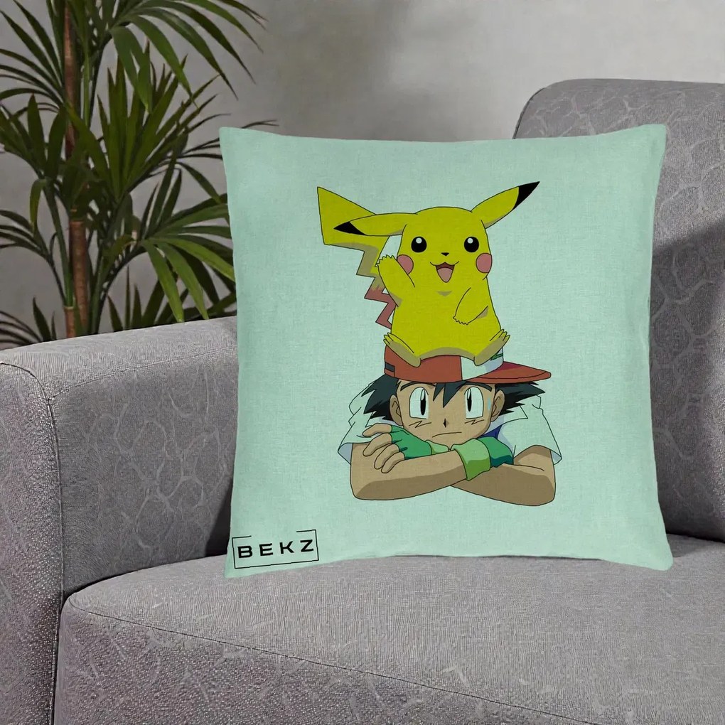 Perna Personalizata Ash si Pikachu, 40x40 cm, Verde Menta, Husa Detasabila, Perna Inclusa, BEKZ®