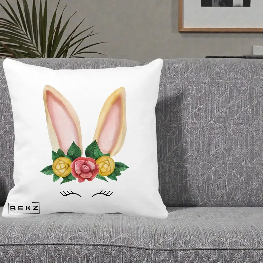 Perna Decorativa Iepuras Flori Urechi Pastelui, 40x40 cm, Alba Mata, Husa Detasabila, Perna Inclusa, BEKZ®