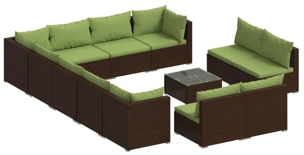 Set mobilier de gradina cu perne, 13 piese, maro, poliratan maro si verde, 3x colt + 9x mijloc + masa, 1