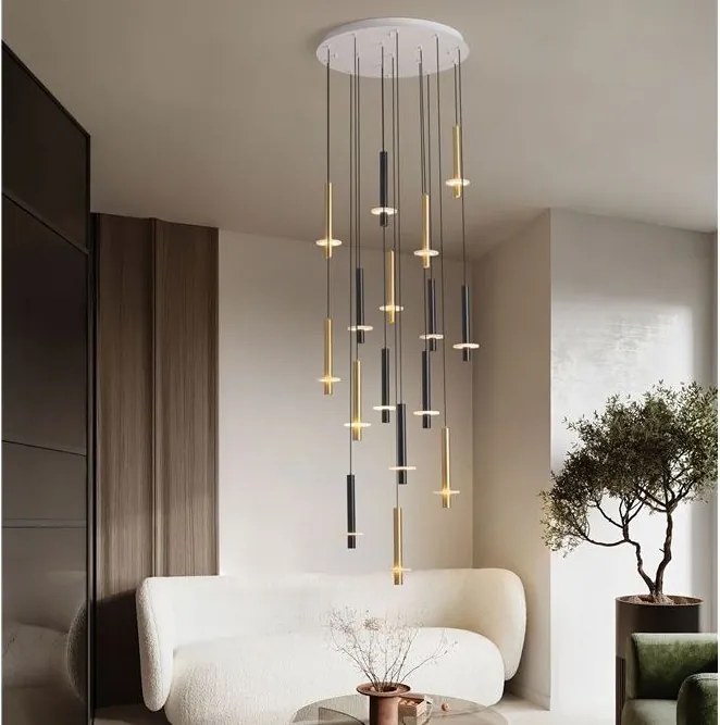 Lustra cu 16 Pendule tub subtire aluminiu auriu si negru LED NOEMI