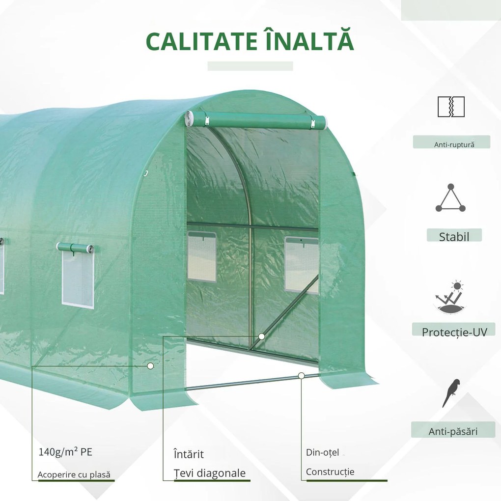 Outsunny Seră de Grădină Tunel 8 m² 4L x 2l x 1,9H m Oțel galvanizat renforțat diametru 2,4 cm + Polietilenă cu densitate ridicată ferestre ușă Verde | Aosom Romania