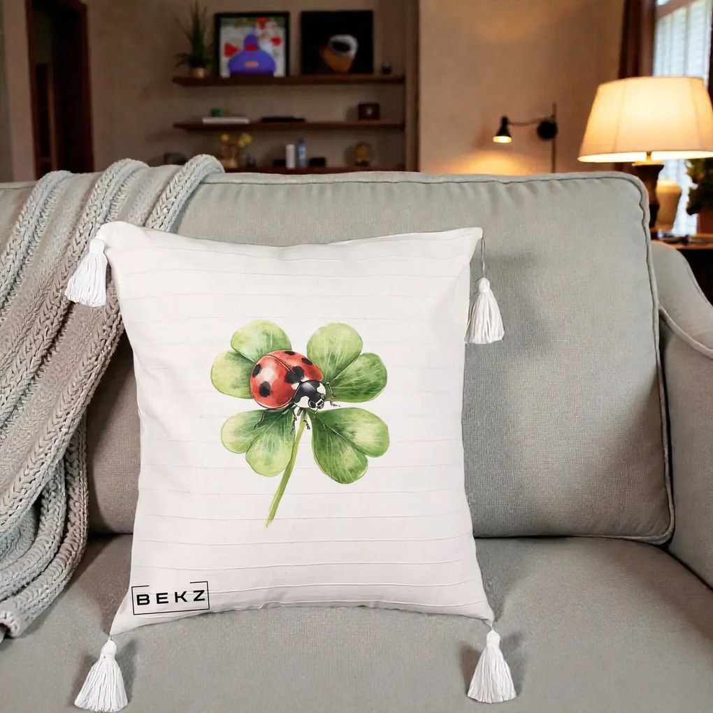 Perna Decorativa Buburuza Norocoasa pe Trifoi cu Patru Foi, 40x40 cm, Bej cu Franjuri, Husa Detasabila, Perna Inclusa, BEKZ®