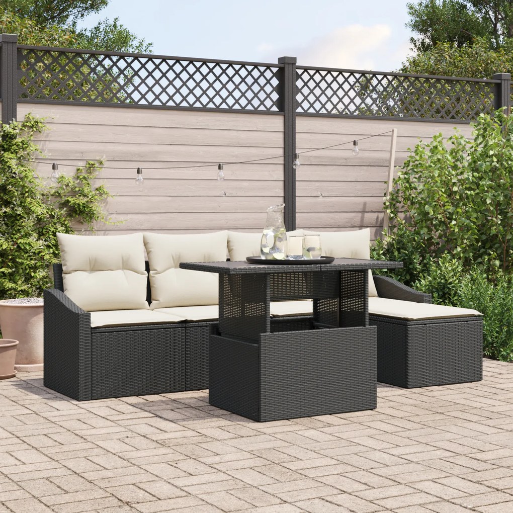 vidaXL Set de canapele pentru grădină, 6 piese, perne negre din rattan și poliester.