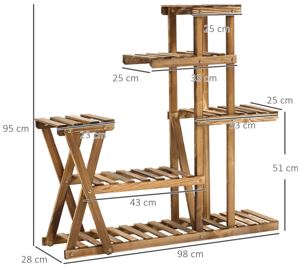 Outsunny Étagère à Fleurs en Bois Supports de Pots Porte Plante Bois 6 rafturi - dim. 98L x 28l x 95H cm - Lemn de Brad tratat carbonizare pentru Interior Grădină Terasă Balcon | Aosom Romania