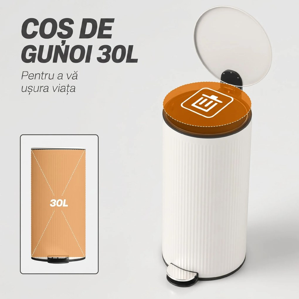 HOMCOM Coș de gunoi 30 L cu capac soft-close, metal și PP, crem | Aosom Romania