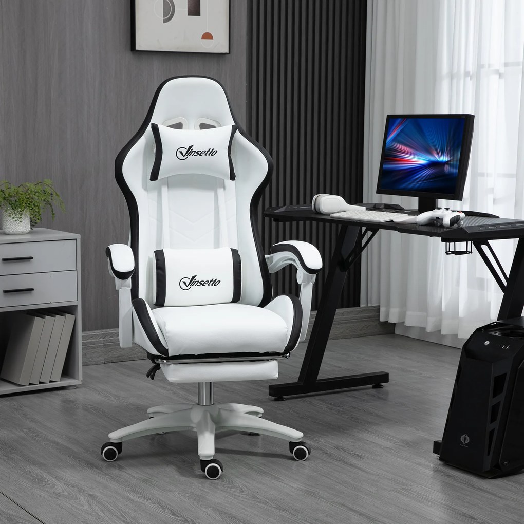 Vinsetto Scaun Gaming Reglabil pe Înălțime, Rabatabil și cu Suport pentru Picioare, Alb | Aosom Romania