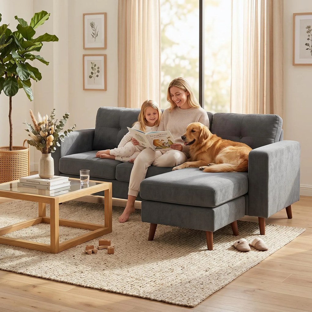 HOMCOM Colțar 192 cm în formă de L Canapea 3 locuri cu șezlong reversibil, aspect corduroy, pentru spații mici, Gri închis | Aosom Romania