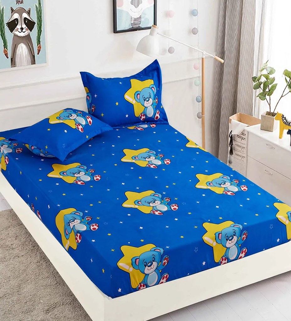 Husa de pat cu elastic si 2 fete de perna, tesatura tip finet, pat 2 persoane, albastru / galben, HBF-157