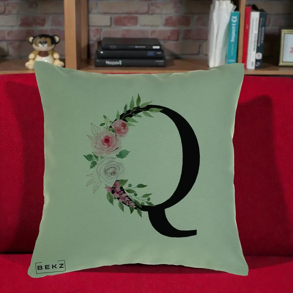 Cadou Personalizat - Perna Personalizata Monograma Florala Litera Q, 40x40 cm, Verde, Husa Detasabila, Perna Inclusa, BEKZ®