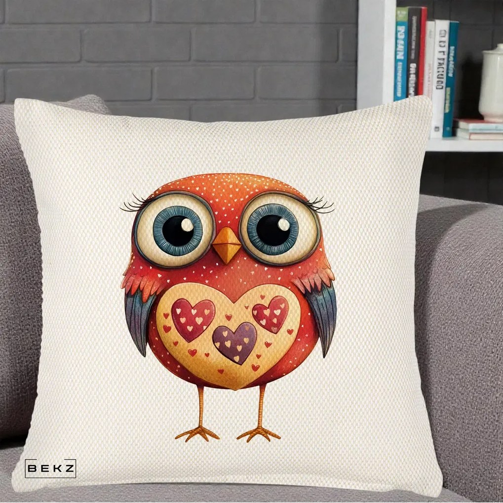 Perna Decorativa Bufnita Rosie cu Inimi Aurii, 40x40 cm, Crem Reliefat, Husa Detasabila, Perna Inclusa, BEKZ®