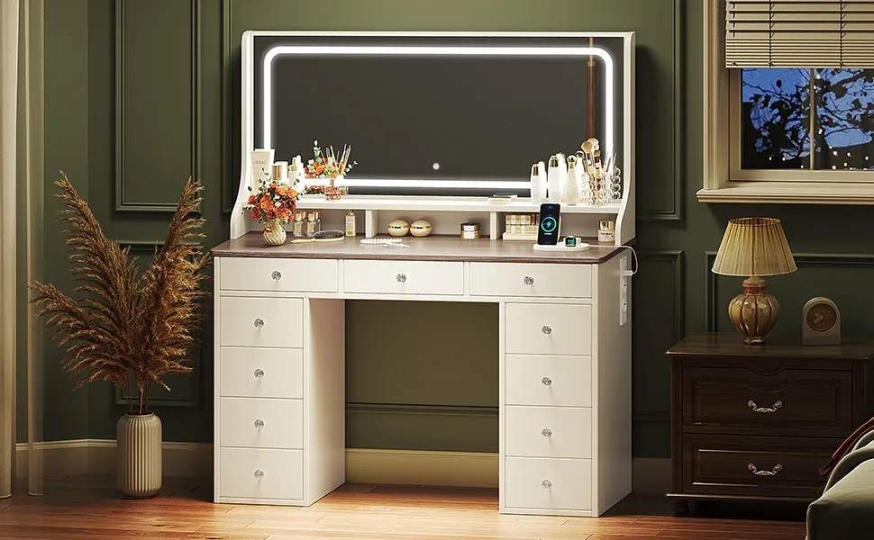 Masuta machiaj cu Oglinda LED si 11 Sertare pentru Cosmetice, Set Masa toaleta 110 cm, Alb, masuta cosmetica, vanity - SEA909