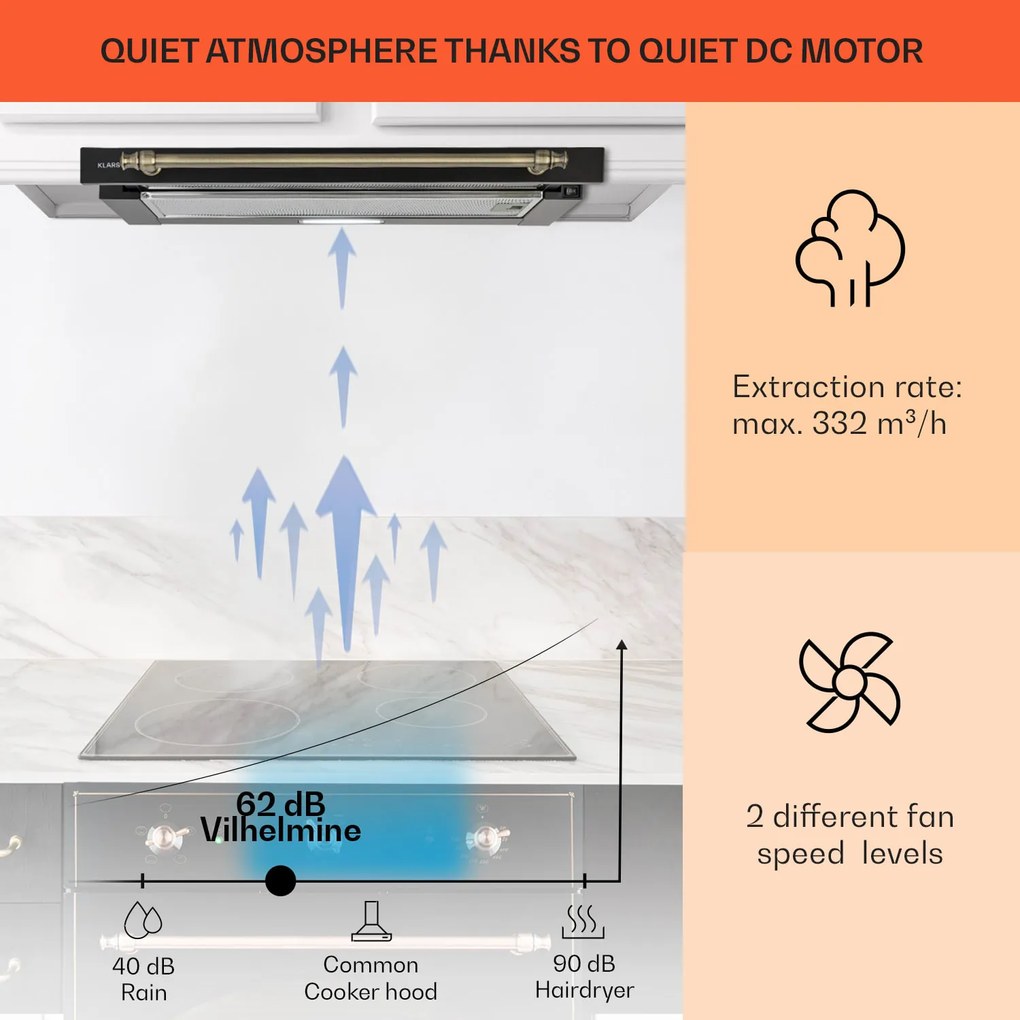 Klarstein Vilhelmine 60 Retro, hotă cu ecran plat, EEK B, Debit de aer suflat: 332 m³/h cu posibilitate de extindere