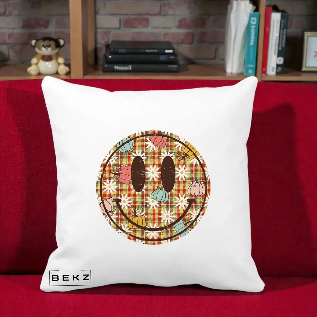 Perna Decorativa Smiley Face de Toamna cu Tartan si Dovlecei, 40x40 cm, Alba Mata, Husa Detasabila, Perna Inclusa, BEKZ®