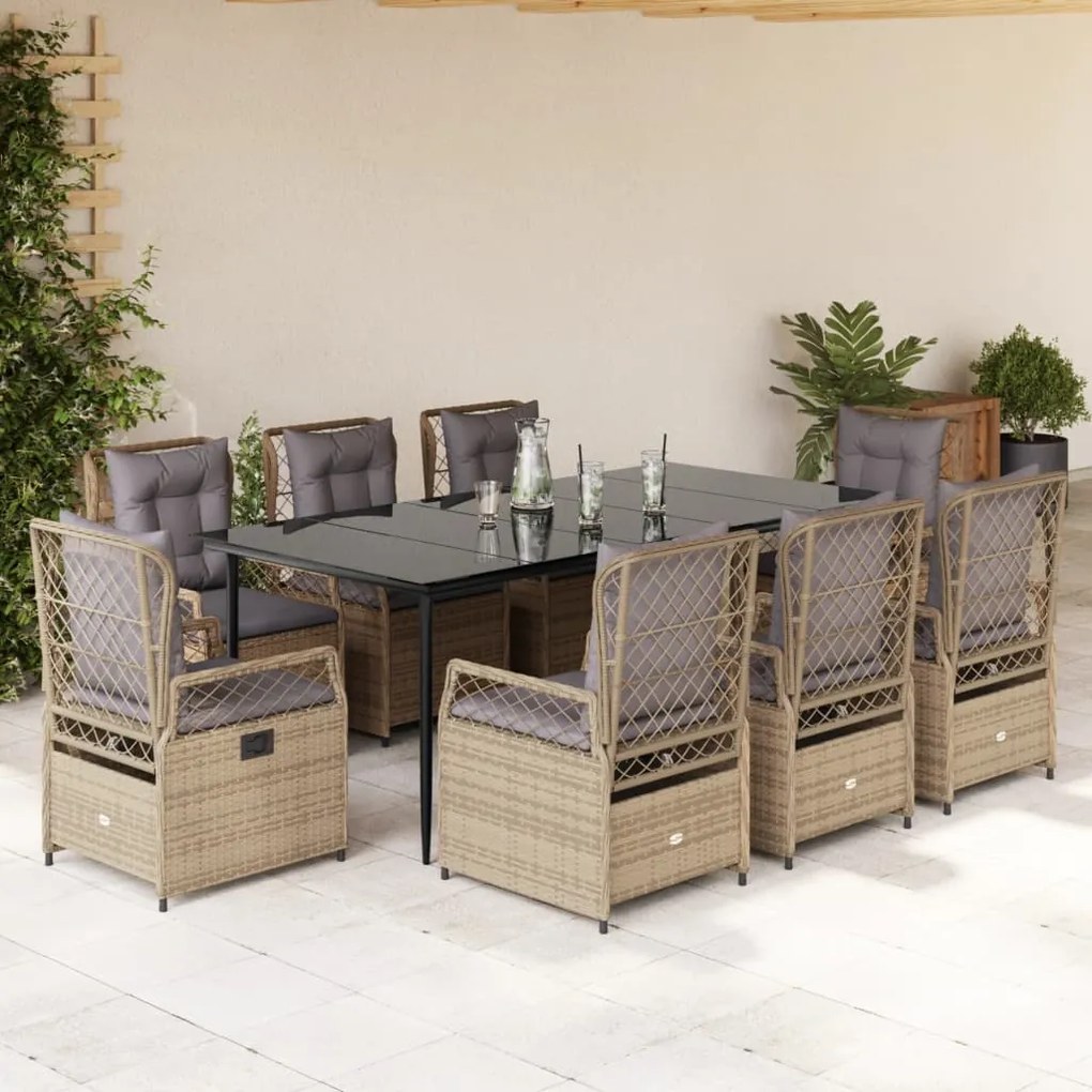 vidaXL Set de masă pentru grădină, 9 piese, cu perne, bej, poliratan