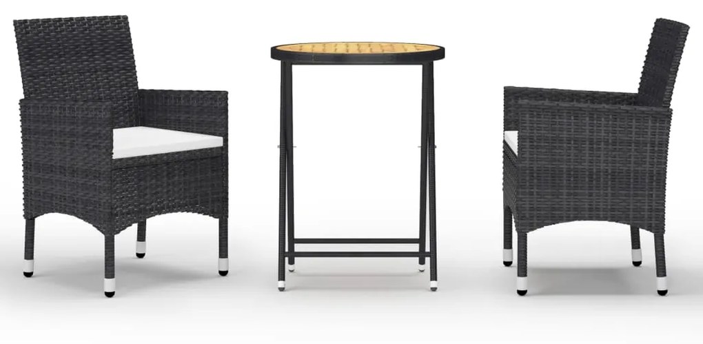3058382 vidaXL Set bistro de grădină, 3 piese, negru, poliratan și lemn acacia